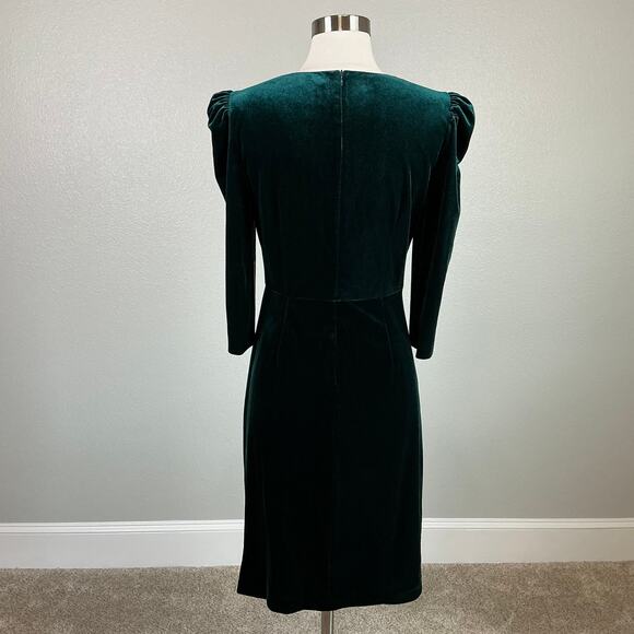 Vince Camuto Long Sleeve Velvet Sheath Cocktail Dress Green Size 14 Ruched Midi - Picture 6 of 14
